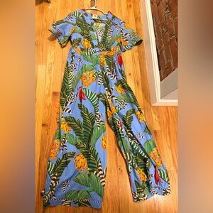 Farm Rio size XL Tropical Leaf Print One-Piece Jumpsuit - Blue/Green/Yellow